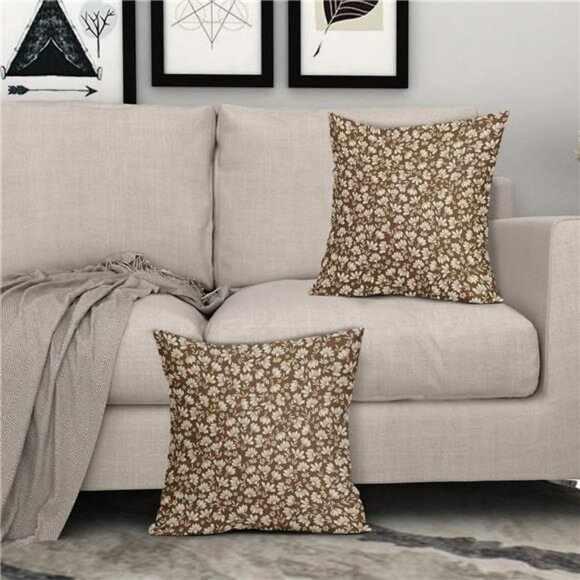 Brown Beige Daisy Floral Pillow Covers 20x20 Set of 2 Cotton Linen Farmhouse Dec - Picture 7 of 8